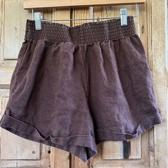 Reformation Elastic Waist Linen Shorts Dark Brown Summer Pull On Size Small - Picture 1 of 7